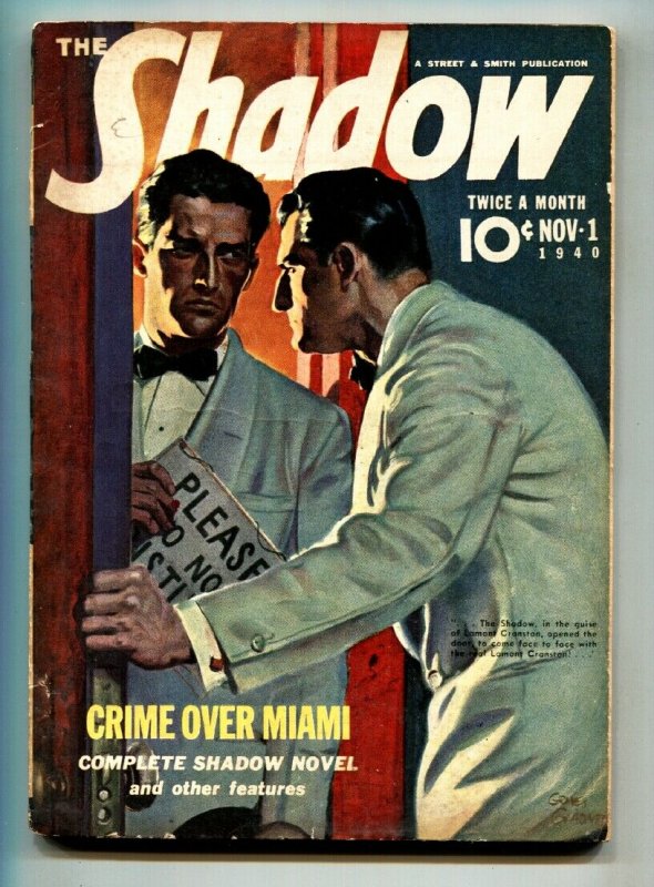 Shadow 1940 Nov 1-Crime Over Miami- Street AND Smith-Rare Pulp Vg/fn (1940), raw comic book in VG/FN condition — front cover