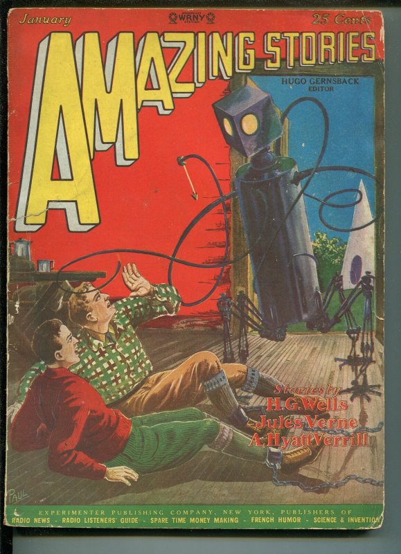 Amazing Stories Pulp January 1928- Frank R Paul Robot Cover- Jules Verne G+ (Experimenter Publishing), raw, ungraded comic book — front cover