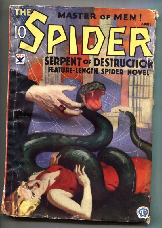 The Spider April 1934-spicy Snake Cvr-pulp Magazine-Rare (Popular Publications, 1934), raw, ungraded comic book — front cover