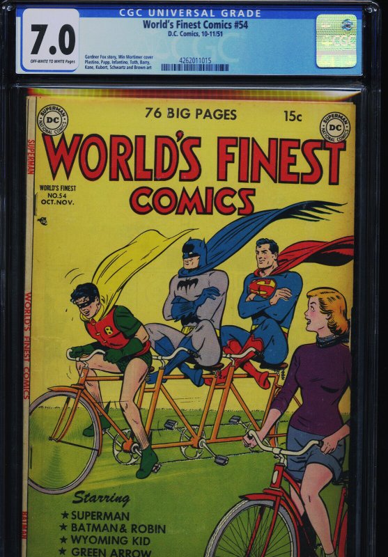 World's Finest Comics #54 (DC Comics), CGC 7.0 graded comic book, Universal Blue label — front cover in its holder