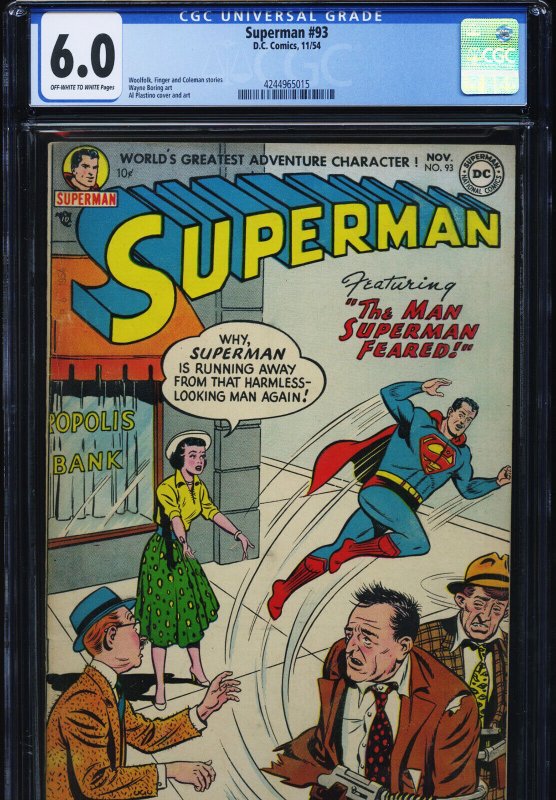 Superman #93 (DC Comics), CGC 6.0 graded comic book, Universal Blue label — front cover in its holder