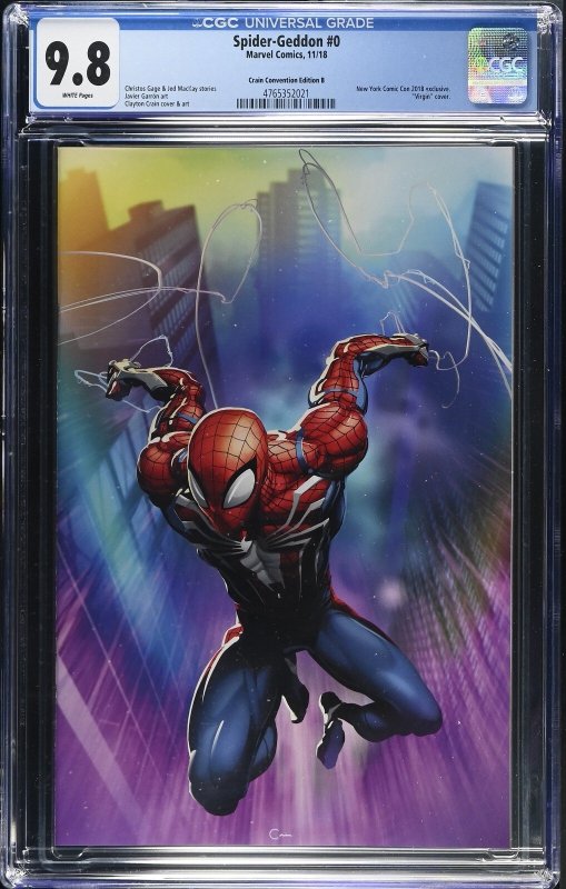 Spider-Geddon #0 (Marvel Comics, 2018), CGC 9.8 graded comic book, Universal Blue label — front cover in its holder