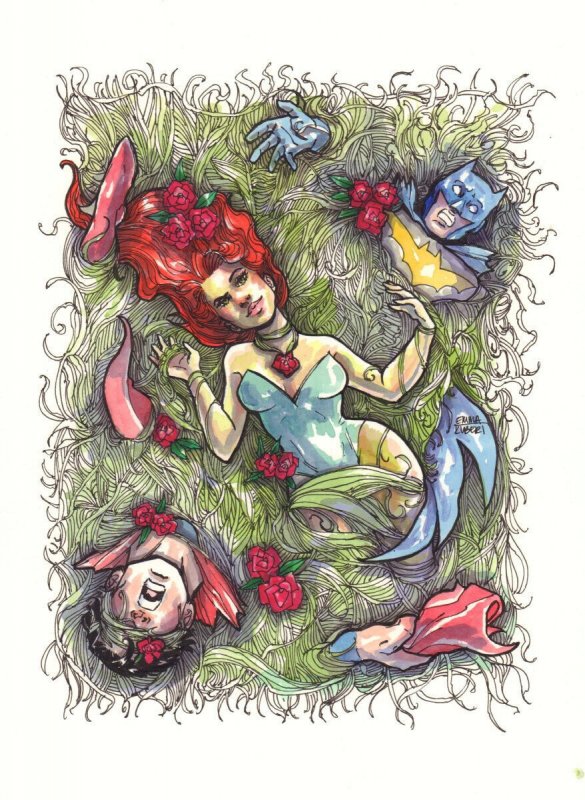Poison Ivy with Batman and Robin in Bondage Painted Art by Emma Kubert, raw, ungraded comic book — front cover