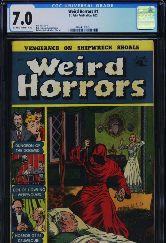 Weird Horrors #1 (St. John Publications), CGC 7.0 graded comic book, Universal Blue label — front cover in its holder