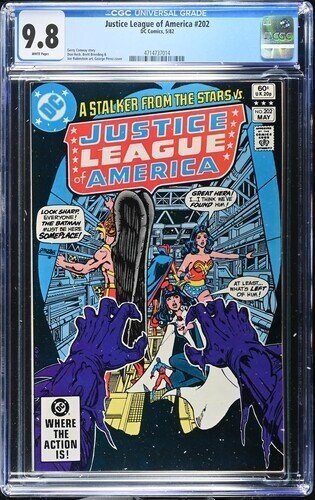 Justice League of America #202 (DC Comics, 1982), CGC 9.8 graded comic book, Universal Blue label — front cover in its holder