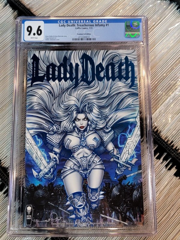 Lady Death Treacherous Infamy #1 (2021), CGC 9.6 graded comic book, Universal Blue label — front cover in its holder