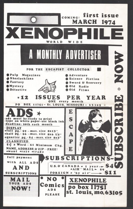 Xenophile-Pulp Adzine Advertising Poster 1974-small Print-one of the Rarest Pulp (1974), raw, ungraded comic book — front cover