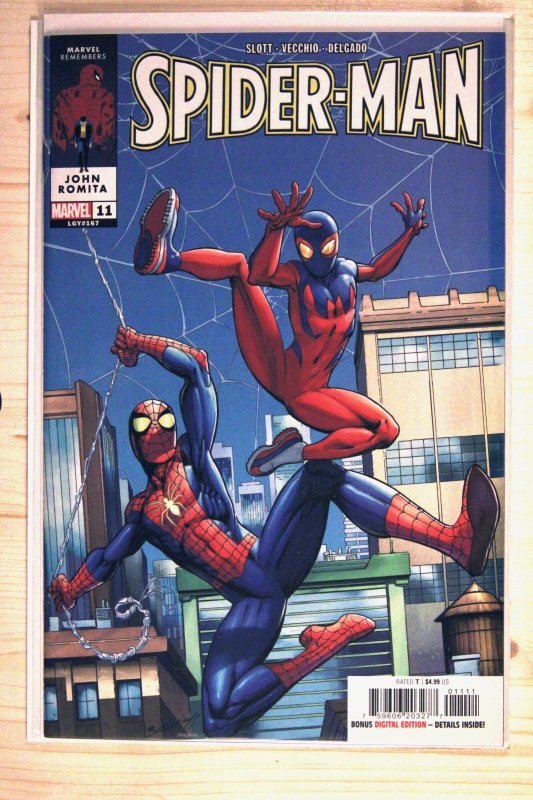 Spider-Man #11 (Marvel Comics, 2023), raw comic book in NM+ 9.6 condition — front cover