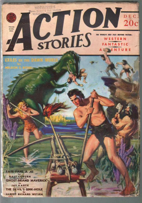 Action Stories 12/1940-cavemen vs Dinosaur-Nelson S Bond-fantasy-FN-, raw comic book in FN- condition — front cover