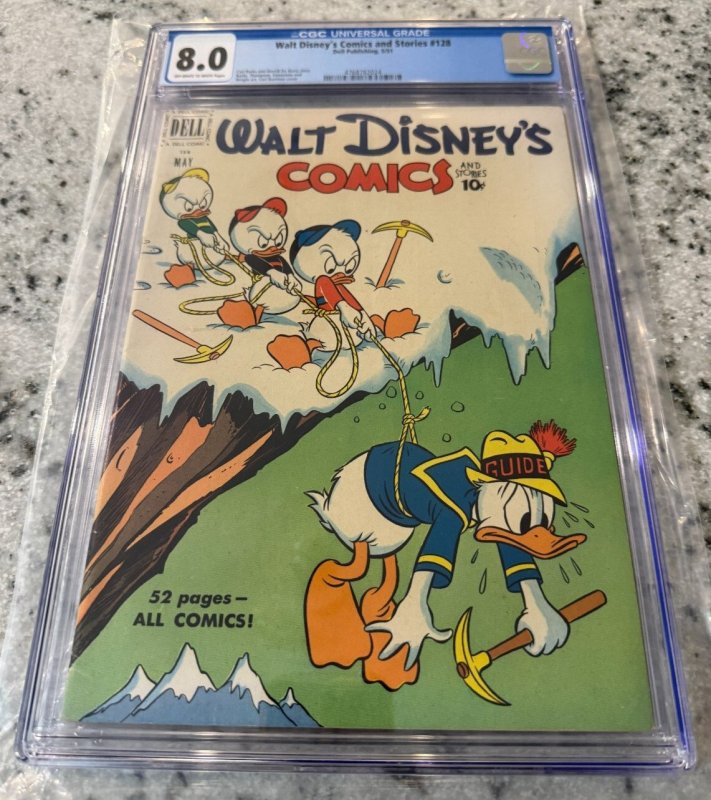 Walt Disney's Comics & Stories #128 (1951), CGC 8.0 graded comic book, Universal Blue label — front cover in its holder