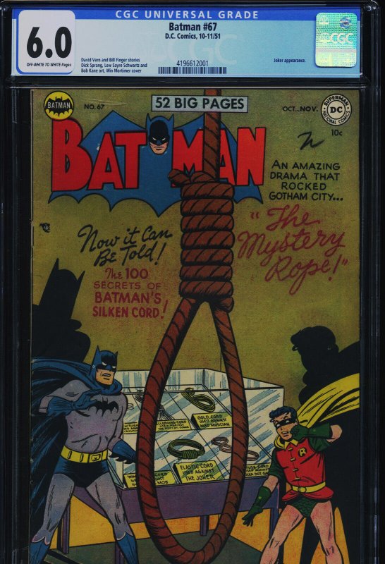 Batman #67 (DC Comics), CGC 6.0 graded comic book, Universal Blue label — front cover in its holder