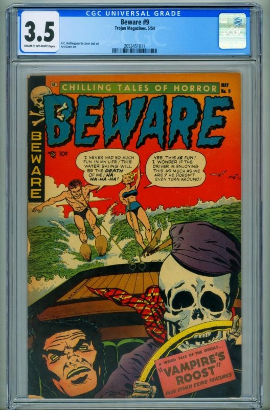 Beware Comics #9 (1954), CGC 3.5 graded comic book, Universal Blue label — front cover in its holder