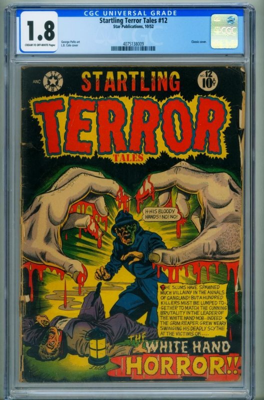 Startling Terror Tales #12, CGC 1.8 graded comic book, Universal Blue label — front cover in its holder