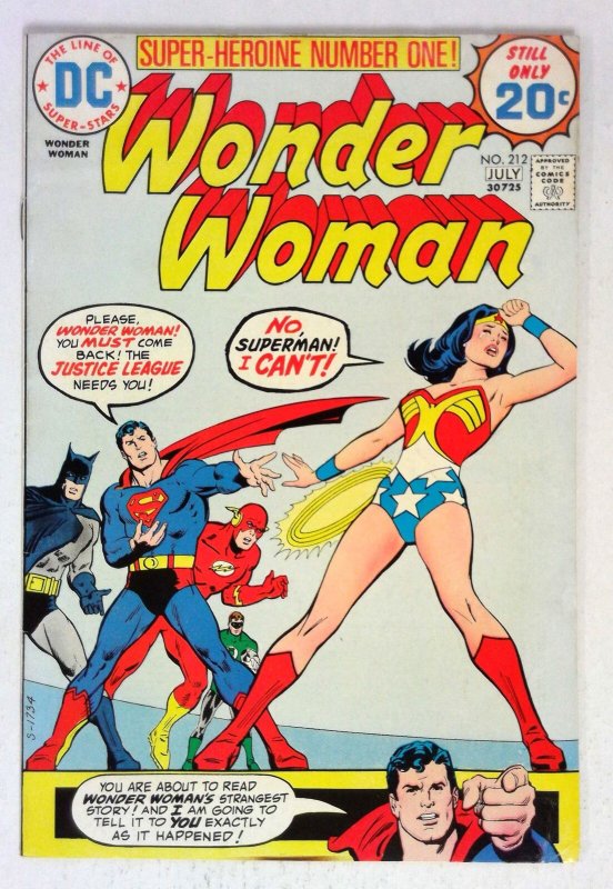 Wonder Woman #212 (DC Comics, 1974), raw comic book in FN+ condition — front cover