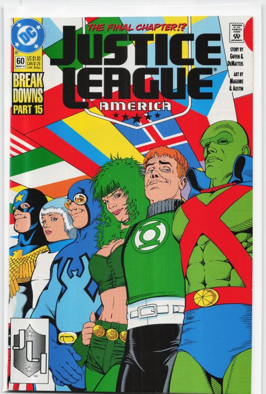 Justice League America #60 (DC Comics, 1992), raw, ungraded comic book — front cover