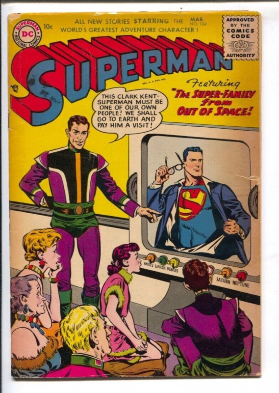 Superman #104 (DC Comics, 1956), raw comic book in VG condition — front cover