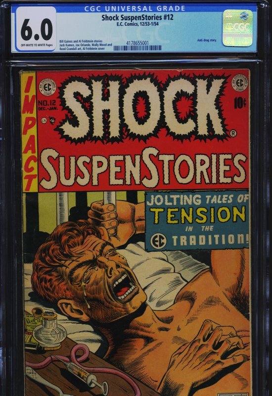 Shock Suspenstories #12 (EC Comics), CGC 6.0 graded comic book, Universal Blue label — front cover in its holder