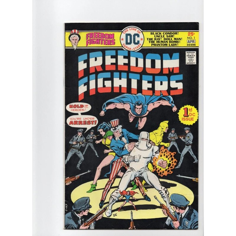 Freedom Fighters #1 (DC Comics, 1976), raw comic book in VF- 7.5 condition — front cover