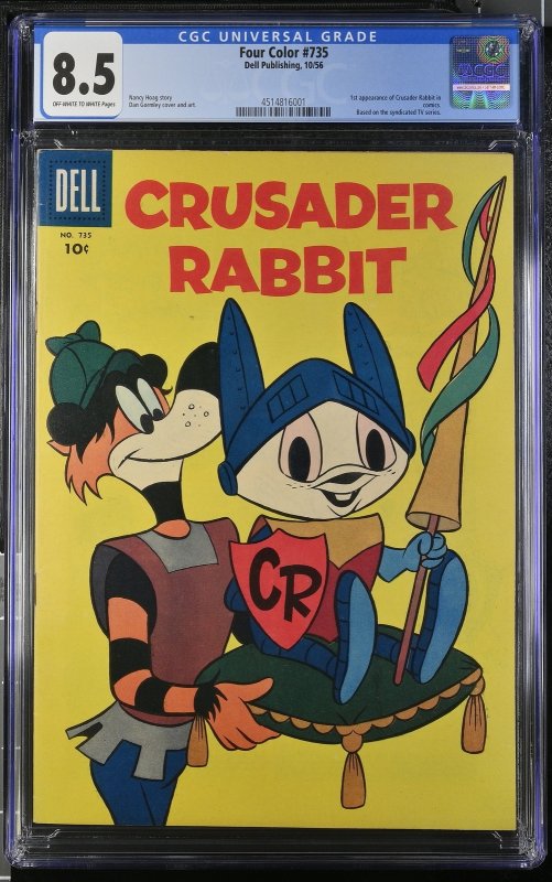 Crusader Rabbit-Four Color Comics #735 (1956), CGC 8.5 graded comic book, Universal Blue label — front cover in its holder