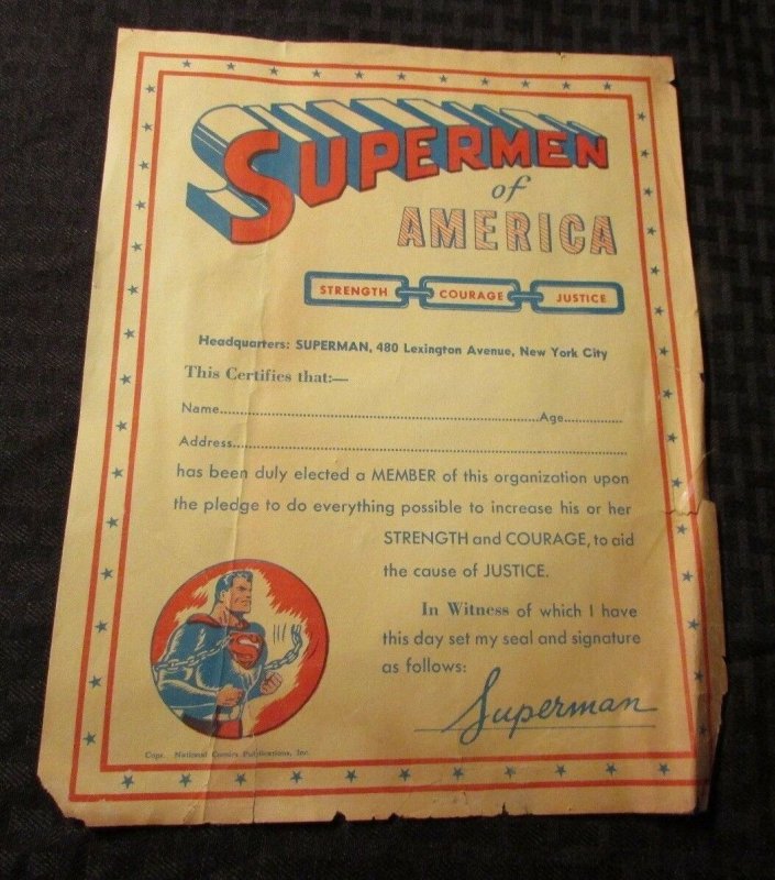1961 Supermen of America Member Certificate Unused GD+ Superman (1961), raw comic book in GD+ condition — front cover
