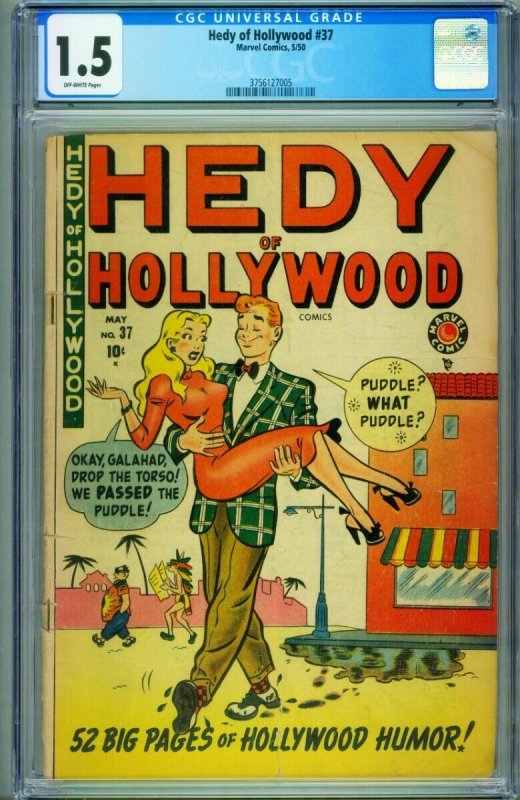 Hedy of Hollywood #37, CGC 1.5 graded comic book, Universal Blue label — front cover in its holder