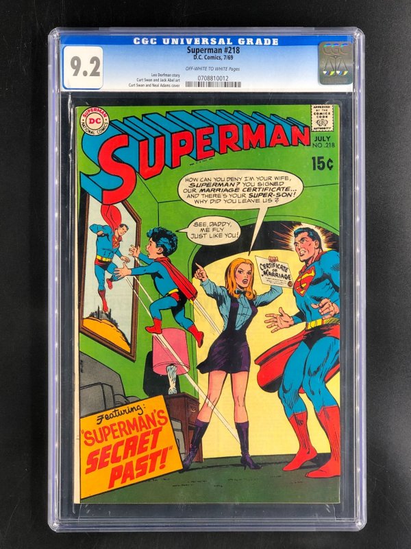 Superman #218 (DC Comics, 1969), CGC 9.2 graded comic book, Universal Blue label — front cover in its holder