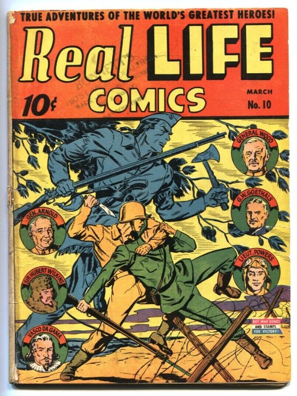Real Life Comics #10 (1943), raw comic book in VG condition — front cover