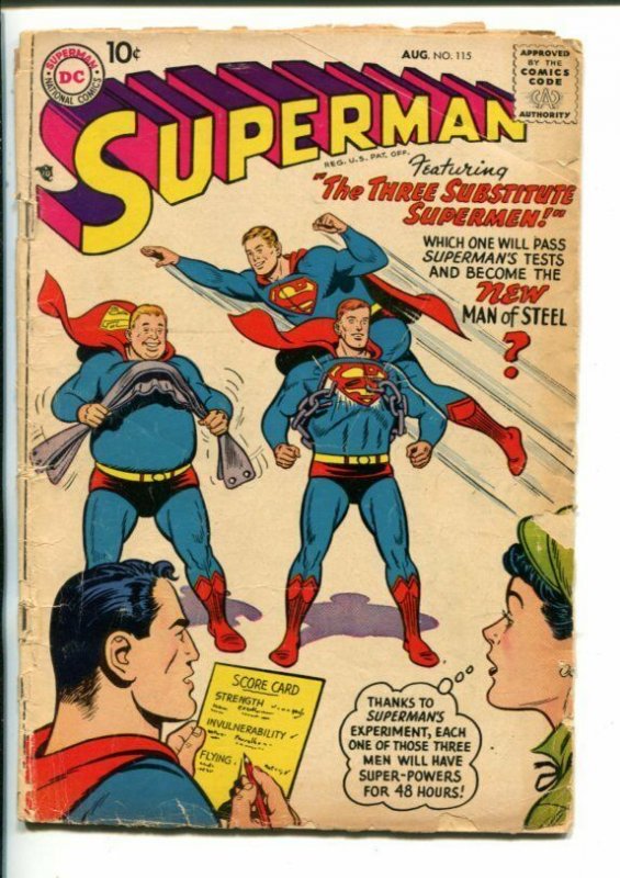 Superman -#115-1958-Dc-Substitute Supermen-Lois LANE-good Minus (DC Comics, 1958), raw, ungraded comic book — front cover
