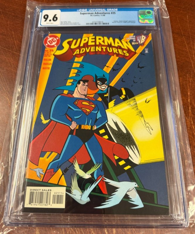 The Superman Adventures #25 (DC Comics, 1998), CGC 9.6 graded comic book, Universal Blue label — front cover in its holder