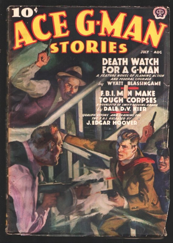 Ace G-Man Stories 7/1938-Tommy gun Battle Cover-Wyatt Blassingame-J. Edgar Ho... (Popular Publications, 1938), raw, ungraded comic book — front cover