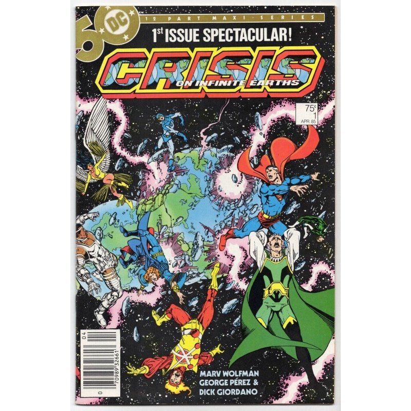 Crisis on Infinite Earths #1 (DC Comics, 1985), raw comic book in VF+ 8.5 condition — front cover