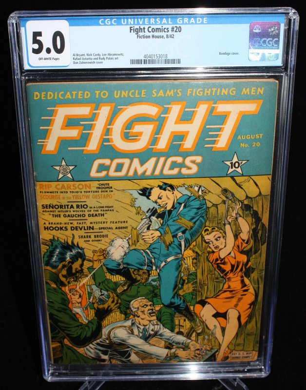 Fight Comics #20 (Fiction House, 1942), CGC 5.0 graded comic book, Universal Blue label — front cover in its holder