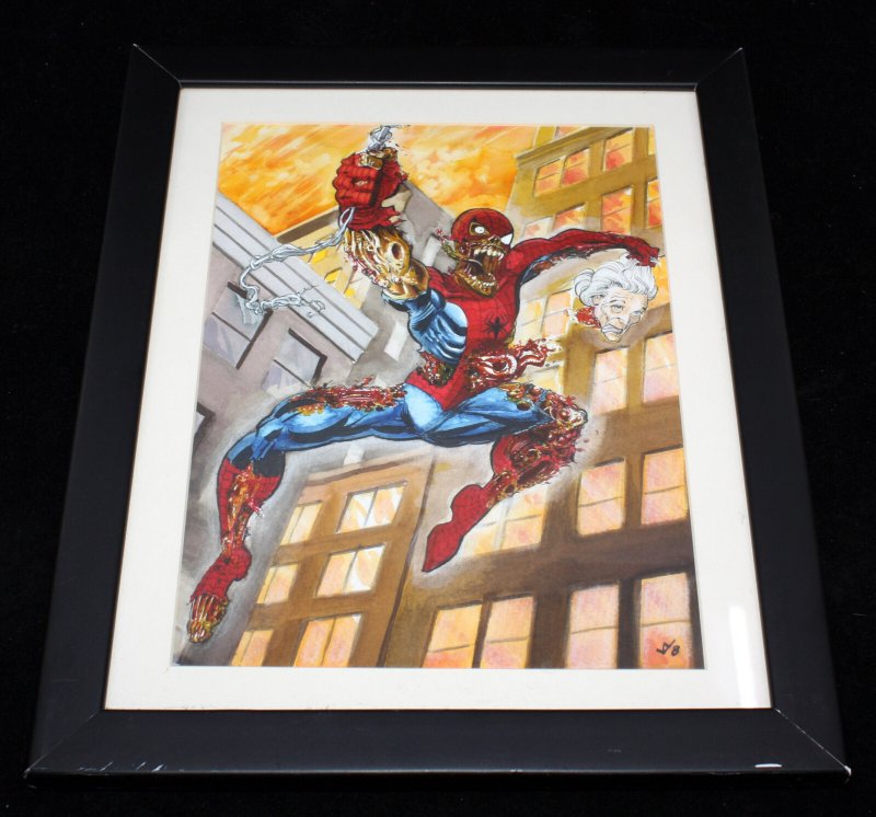 Zombie Spider-Man with Aunt May's Head Painted Art - Framed - Artist Unknown, raw, ungraded comic book — front cover