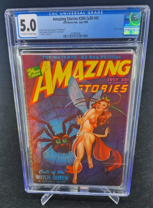 Amazing Stories #204 (1946), CGC 5.0 graded comic book, Universal Blue label — front cover in its holder