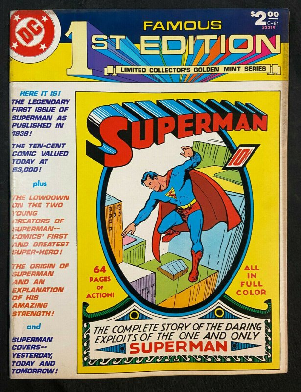 Treasury Edition C-61 Famous 1st Edition Superman #1 (DC Comics), raw comic book in FN/VF condition — front cover
