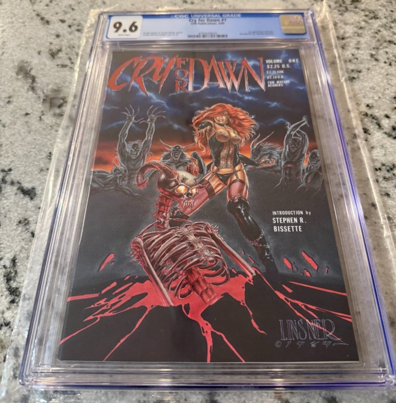 Cry for Dawn #1 (1989), CGC 9.6 graded comic book, Universal Blue label — front cover in its holder