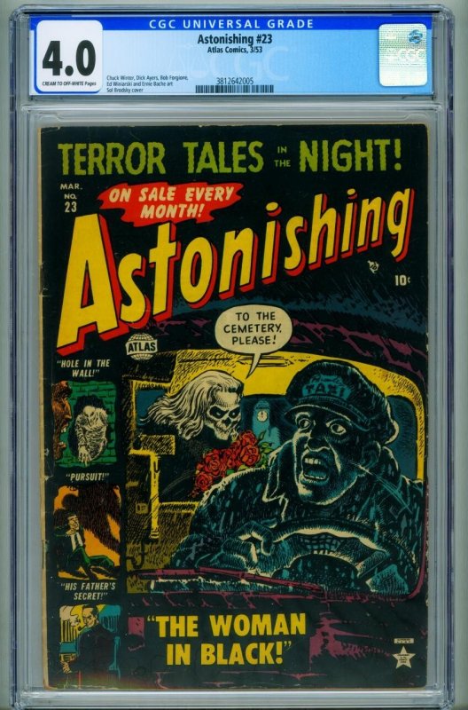 Astonishing #23 (Atlas Comics), CGC 4.0 graded comic book, Universal Blue label — front cover in its holder