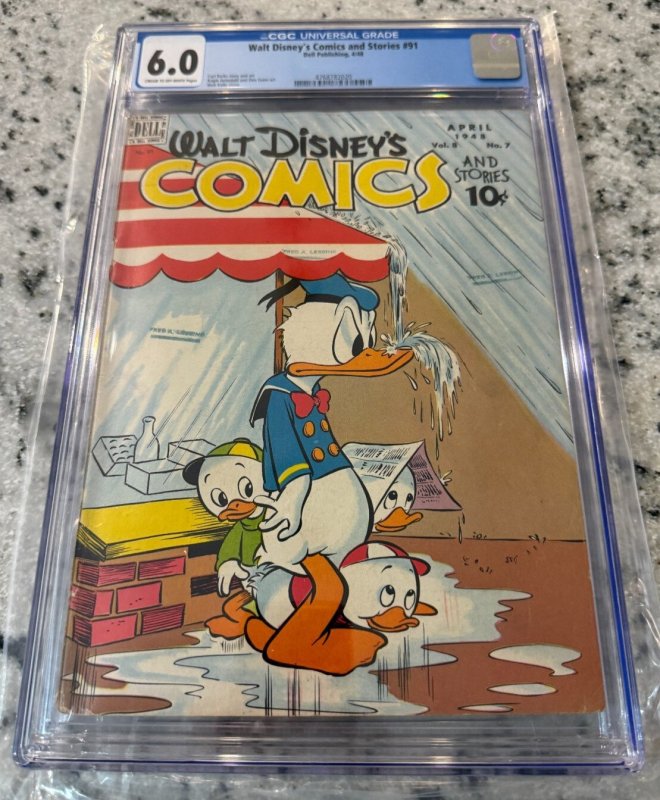 Walt Disney's Comics & Stories #91 (1948), CGC 6.0 graded comic book, Universal Blue label — front cover in its holder