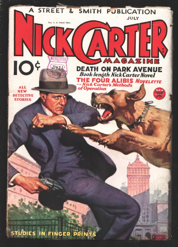 Nick Carter 7/1934-Nick Carter Attacked by mad dog on Cover-"Death on Park Av..., raw, ungraded comic book — front cover