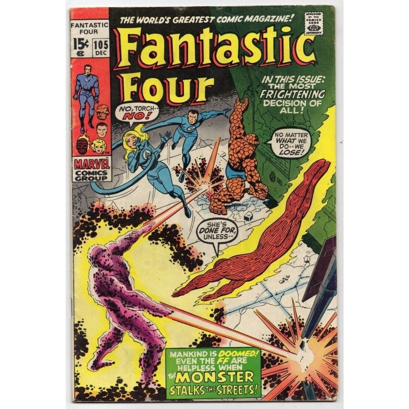 Fantastic Four #105 (Marvel Comics, 1970), raw comic book in VG 4.0 condition — front cover