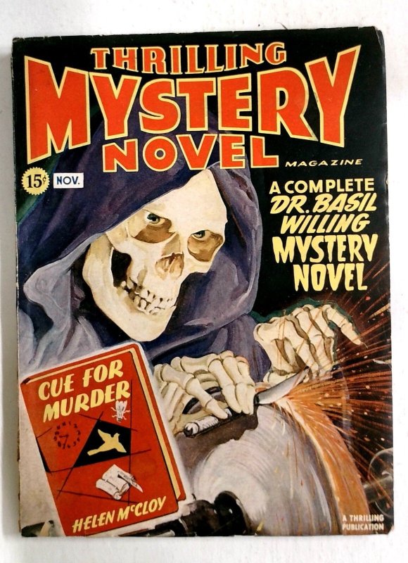 Thrilling Mystery Novel Magazine Nov 1946 - Hooded Skeleton Sharpens Knife - Cl (1946), raw, ungraded comic book — front cover