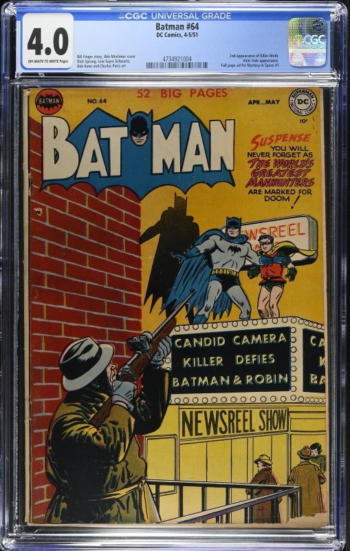 Batman #64 (DC Comics, 1951), CGC 4.0 graded comic book, Universal Blue label — front cover in its holder