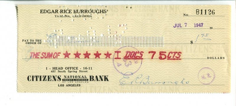Pulp: Edgar Rice Burroughs Signed Check - 070/7/1947-E.D BROOKS-fn, raw, ungraded comic book — front cover