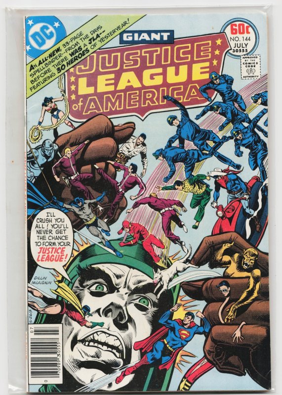 Justice League of America #144 (DC Comics, 1977), raw, ungraded comic book — front cover