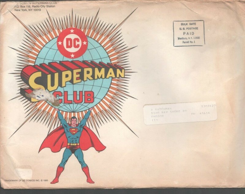 DC Superman Club Kit 1980-Colorful Mailing Envelope-Membership Card-certifica... (DC Comics, 1980), raw, ungraded comic book — front cover