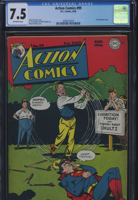 Action Comics #99 (DC Comics), CGC 7.5 graded comic book, Universal Blue label — front cover in its holder