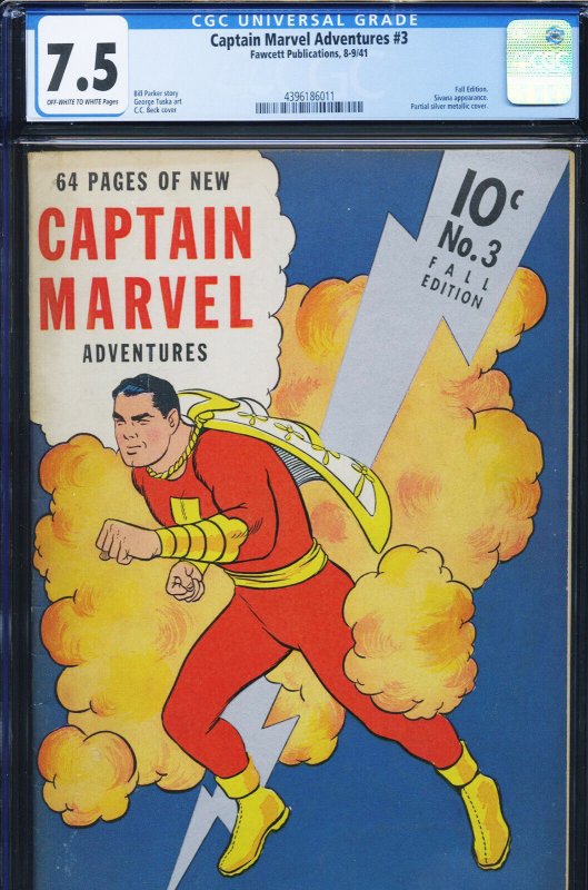 Captain Marvel Adventures #3 (Fawcett Publications), CGC 7.5 graded comic book, Universal Blue label — front cover in its holder