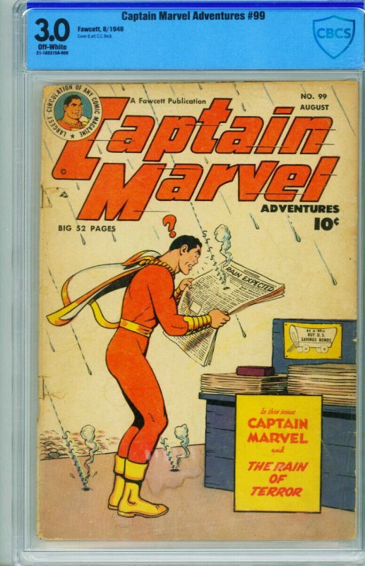 Captain Marvel Adventures #99 (Fawcett Publications), CBCS 3.0 graded comic book, Universal Blue label — front cover in its holder