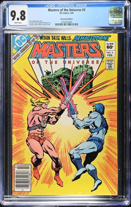 Masters of the Universe #3 (DC Comics, 1983), CGC 9.8 graded comic book, Universal Blue label — front cover in its holder