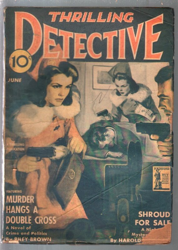 Pulp: Thrilling Detective 6/1942-gun Moll Cover-mystery-pulp Thrills-VG, raw comic book in VG condition — front cover